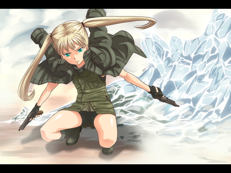 akimbo, blonde_hair, dual_wield, dual_wielding, fingerless_gloves, fukurou, gloves, gun