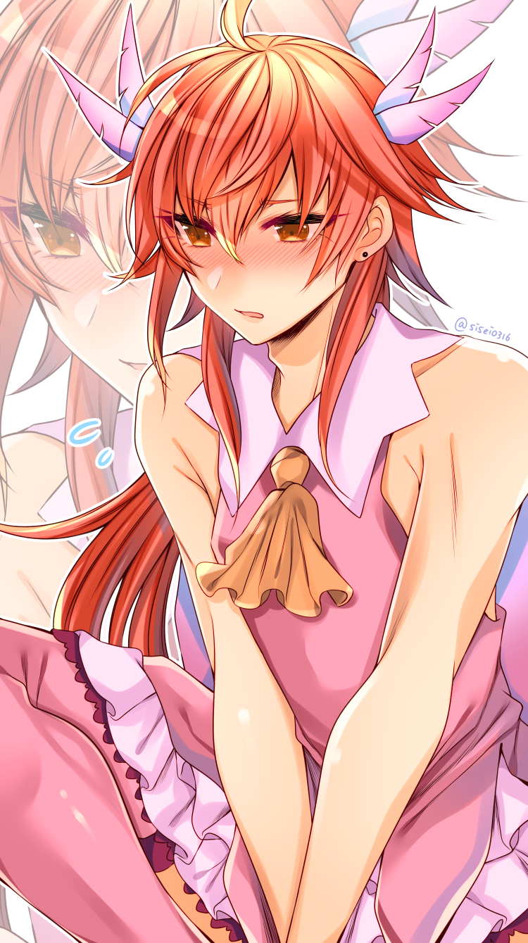 1boy, ahoge, bare_shoulders, blush, cosplay, dress, embarrassed, fate/grand_order