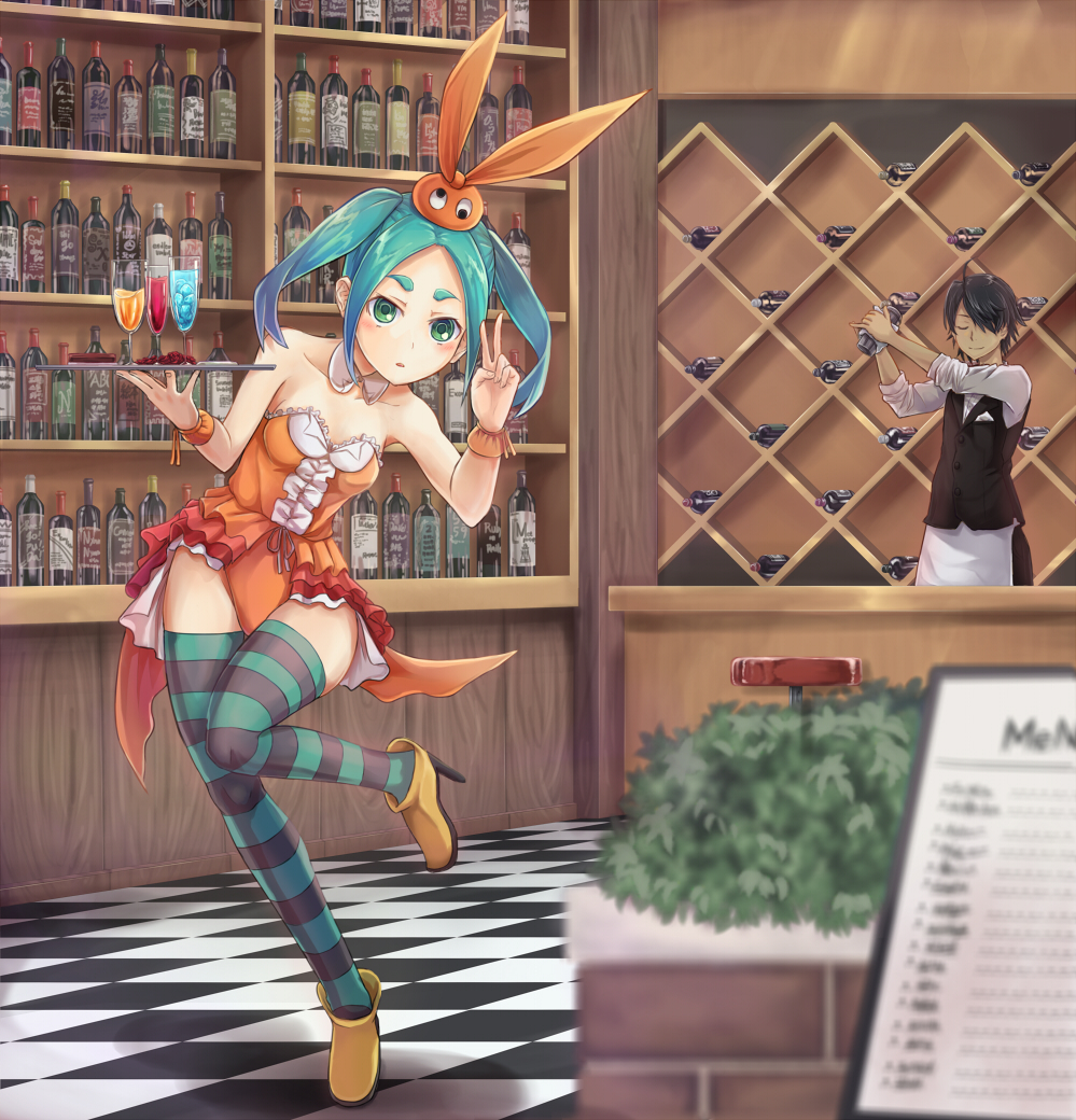 1boy, 1girl, apron, araragi_koyomi, arigato_(rmskrtkdlqj), bar, bar_stool, bare_shoulders