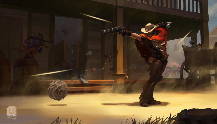 3boys, 4girls, 6kart, ammunition, arm_cannon, armor, bandolier, barrel, beard, belt, bodysuit, bomber_jacket, boots, broken_bottle, brown_gloves, brown_hair, brown_jacket, cape, cart, center_opening, chair, chaps, cigar, commentary, cowboy, cowboy_hat, d.va_(overwatch), drone, facial_hair, floating, full_armor, full_body, glasses, gloves, goggles, gun, hair_bun, hair_ornament, hair_pull, hair_stick, hand_on_head, hand_on_headwear, handgun, hat, head_mounted_display, helmet, highres, holster, jacket, knee_pads, machinery, mccree_(overwatch), mechanical_arm, mei_(overwatch), meka_(overwatch), michael_jackson, mouth_hold, multiple_boys, multiple_girls, mustache, overwatch, pants, parody, piggyback, pistol, plant, plate, plate_armor, pointing, poncho, ponytail, pose, purple_hair, real_life, real_life_insert, red_cape, reinhardt_(overwatch), revolver, robot, shards, short_hair, short_sleeves, sleeves_rolled_up, smoking, smooth_criminal, snowflake_hair_ornament, spikes, spiky_hair, standing, symmetra_(overwatch), tire, torbjorn_(overwatch), tracer_(overwatch), vambraces, weapon, western, widowmaker_(overwatch)