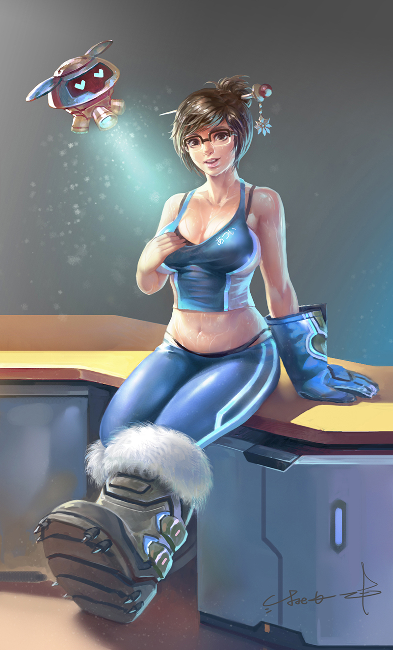 1girl, bangs, bare_shoulders, beads, black-framed_eyewear, black_bra, black_panties, blue_gloves, boots, bra, breasts, brown_eyes, brown_hair, canister, cleavage, collarbone, fur, fur-trimmed_boots, fur_boots, fur_trim, glasses, gloves, hair_bun, hair_ornament, hair_stick, hand_up, heart, highres, large_breasts, lips, lipstick, looking_at_viewer, makeup, mei_(overwatch), midriff, navel, open_mouth, overwatch, panties, pants, short_hair, signature, sitting, sitting_on_table, smile, snow_boots, snowflakes, solo, sweat, sweatdrop, sweating, sweating_profusely, swept_bangs, tank_top, underwear, wet