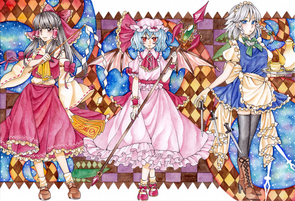3girls, apron, argyle, argyle_background, arm_ribbon, ascot, bangs, bat_wings