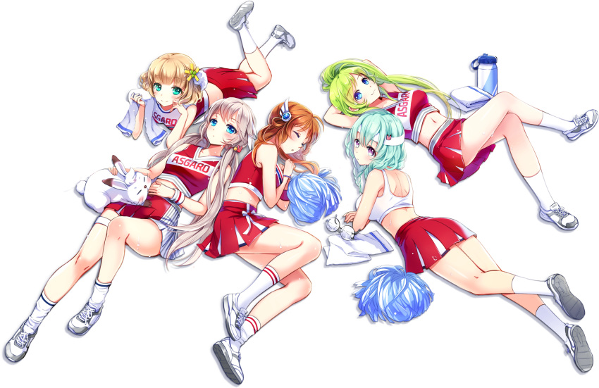 5girls, :3, aqua_eyes, aqua_hair, arms_behind_head, blonde_hair, blue_eyes, blush