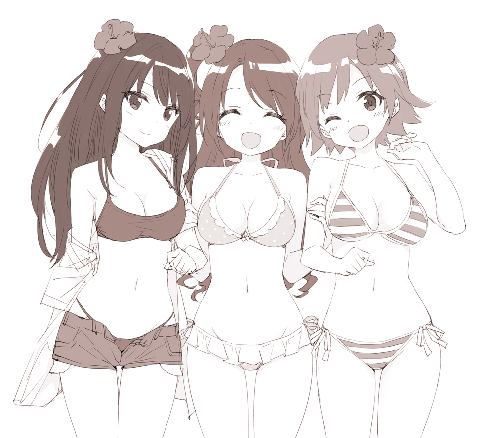 3girls, :d, ;d, ^_^, bikini, breasts, cleavage, closed_eyes