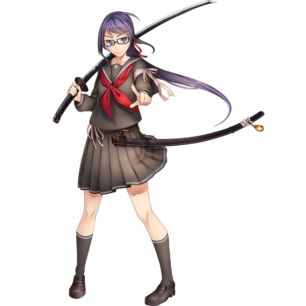 1girl, black-framed_eyewear, black_legwear, blue_eyes, full_body, glasses, holding, holding_sword