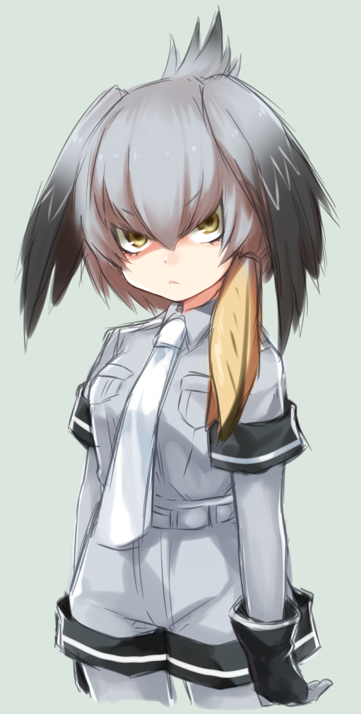 >:<, 1girl, :<, arms_at_sides, belt, bird_wings, black_gloves, blue_background