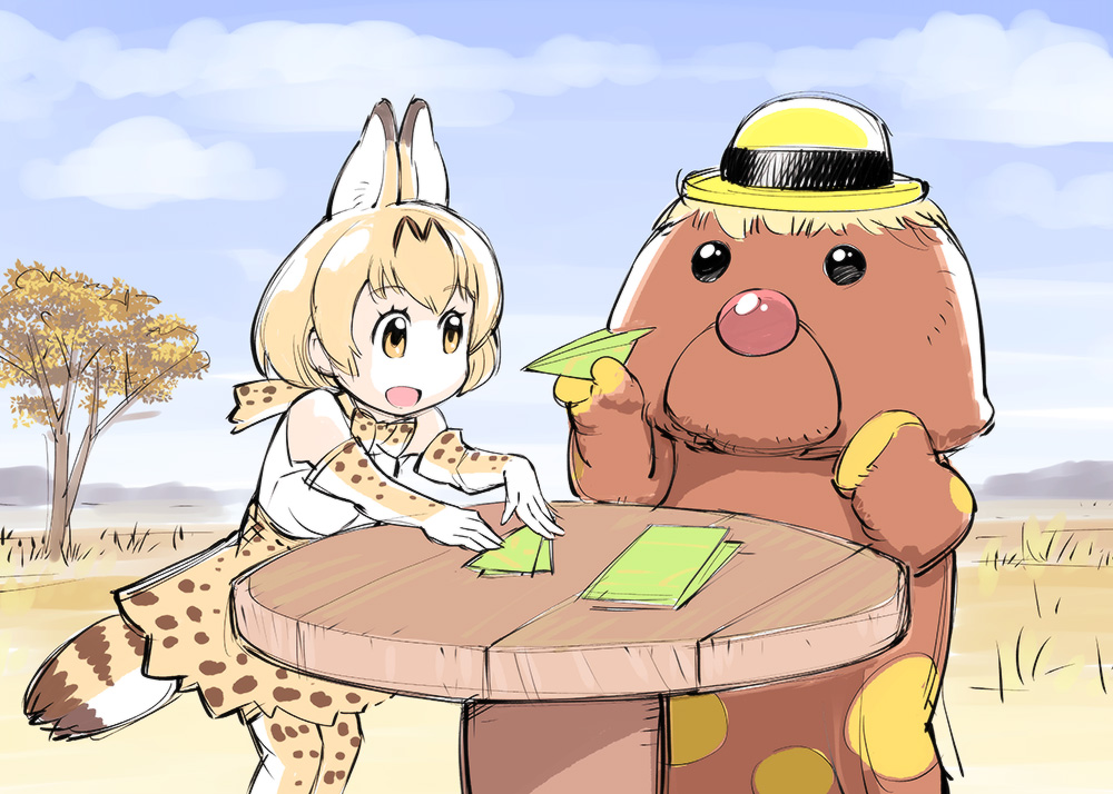 1girl, :d, animal_ears, blonde_hair, brown_eyes, commentary_request, crossover, day, dekirukana, elbow_gloves, gloves, gonta, hat, high-waist_skirt, holding, kemono_friends, no_nose, open_mouth, outdoors, paper, paper_airplane, serval_(kemono_friends), serval_ears, serval_print, serval_tail, shirt, sketch, skirt, sleeveless, sleeveless_shirt, smile, standing, striped_tail, table, tail, tree, ueyama_michirou, white_shirt, yellow_hat