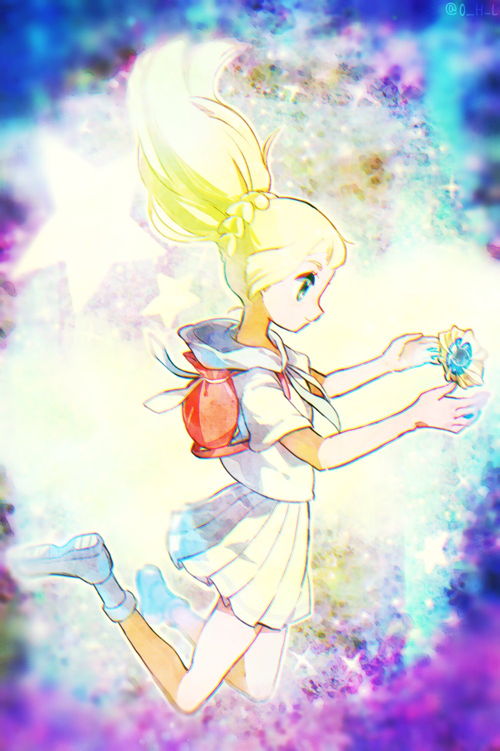 1girl, backpack, bag, blonde_hair, cosmoem, from_side, green_eyes, highres