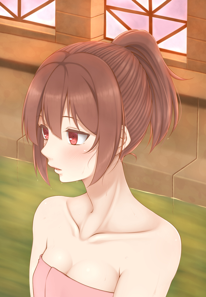 1girl, bath, blush, breasts, brown_hair, cleavage, collarbone, highres
