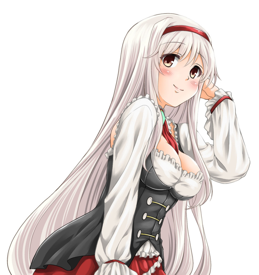 1girl, anna_(sennen_sensou_aigis), blush, breasts, brown_eyes, cleavage, cowboy_shot, hairband