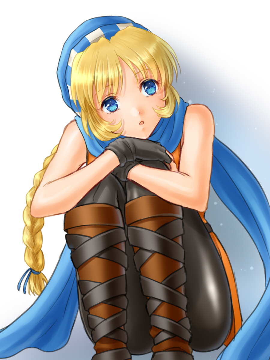 1girl, bare_shoulders, black_gloves, black_legwear, blonde_hair, blue_hair, boots, braid