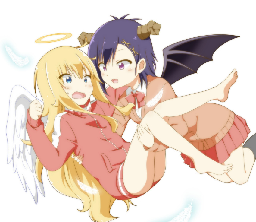 2girls, angel_wings, barefoot, blonde_hair, blue_eyes, blush, bow, bowtie, cardigan, carrying, demon_horns, demon_wings, feathers, feet, floating, gabriel_dropout, hair_ornament, halo, highres, horns, jacket, kuro_neko_(artist), long_hair, multiple_girls, no_pants, open_mouth, purple_hair, school_uniform, short_hair, smile, surprised, tenma_gabriel_white, toes, track_jacket, tsukinose_vignette_april, violet_eyes, white_background, wings, x_hair_ornament