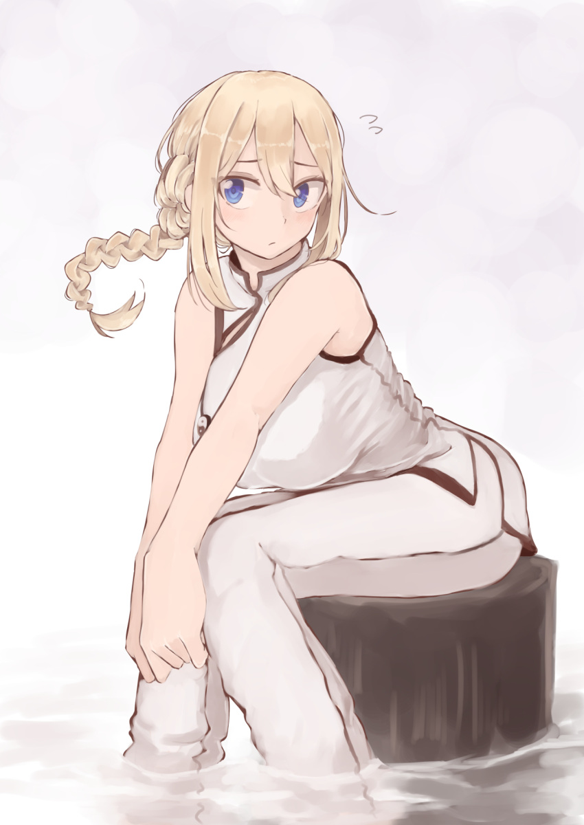 1girl, bare_shoulders, blonde_hair, blue_eyes, blush, braid, breasts, china_dress