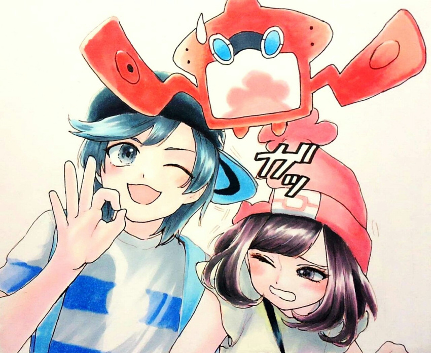1boy, 1girl, ;3, ;d, backpack, bag, bangs, baseball_cap
