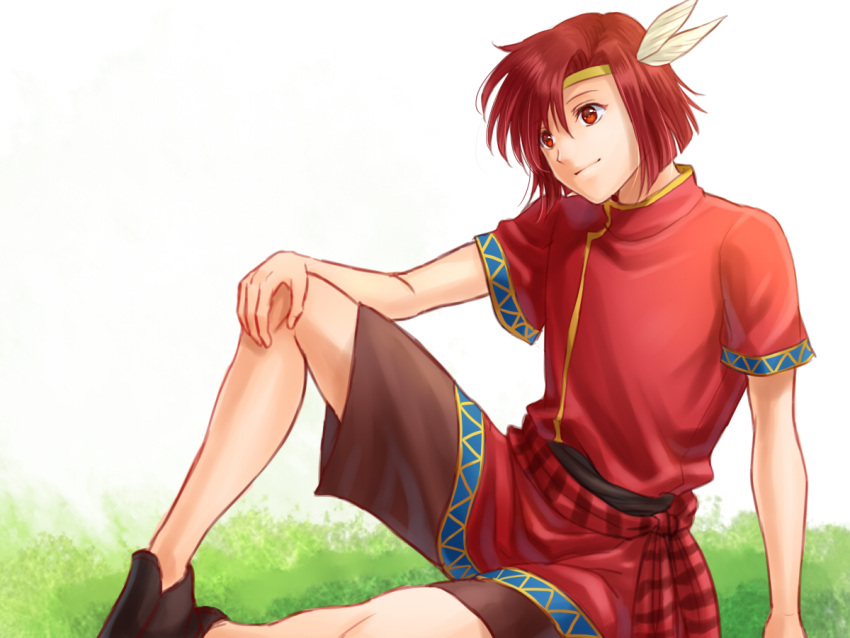 1boy, cheine, circlet, feathers, fire_emblem, fire_emblem:_mystery_of_the_emblem, komugikomix, male_focus, red_eyes, redhead, sitting, solo, white_background
