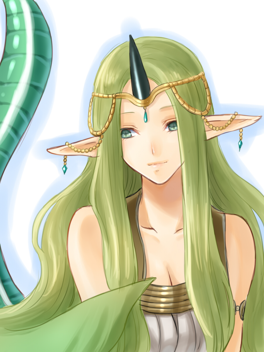 1girl, bare_shoulders, breasts, cleavage, dragon_tail, fire_emblem, fire_emblem_echoes:_mou_hitori_no_eiyuuou, green_eyes
