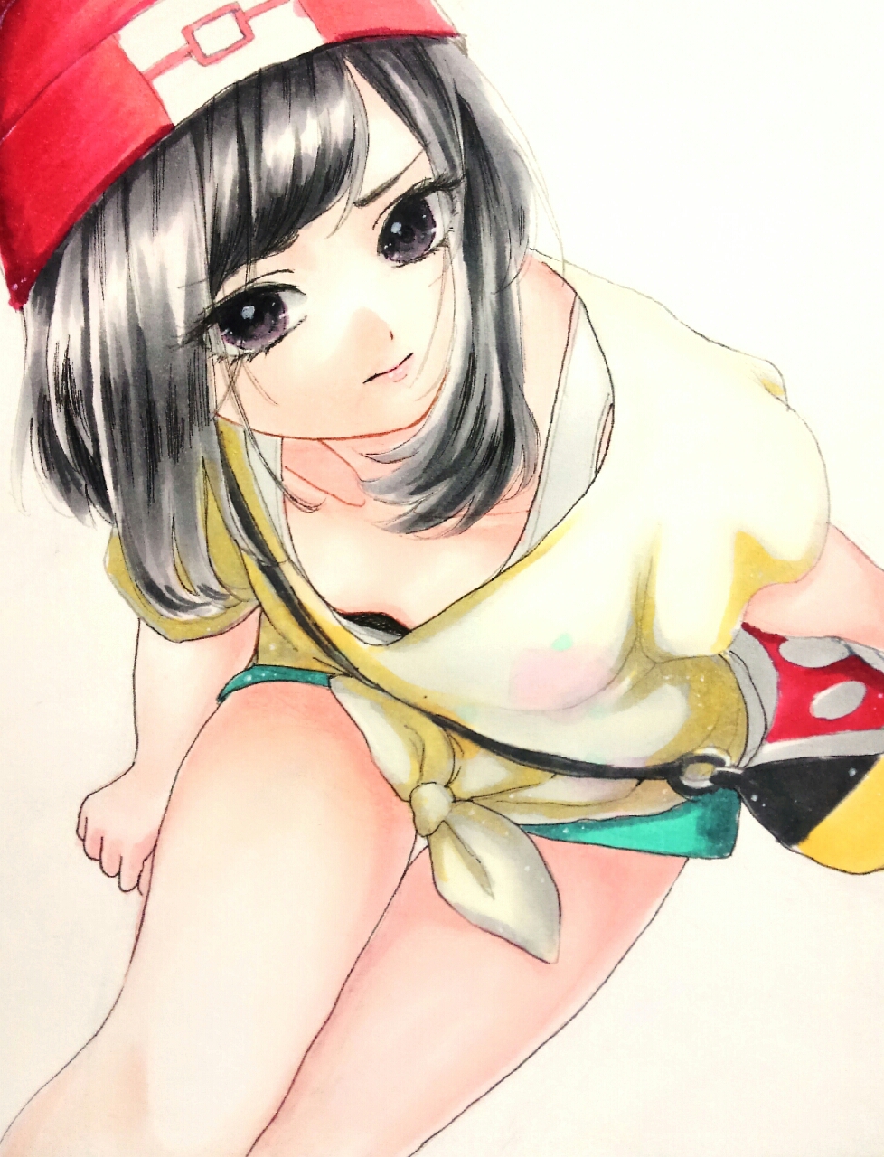 1girl, bag, bangs, beanie, black_eyes, black_hair, bob_cut, breasts, closed_mouth, downblouse, eyelashes, female_protagonist_(pokemon_sm), floral_print, from_above, green_shorts, handbag, hat, highres, lips, looking_at_viewer, minapo, moon_(pokemon), poke_ball_theme, pokemon, pokemon_special, red_hat, shirt, short_hair, shorts, sitting, small_breasts, solo, swept_bangs, t-shirt, tied_shirt, traditional_media, undershirt, watercolor_(medium), white_shirt, yellow_shirt