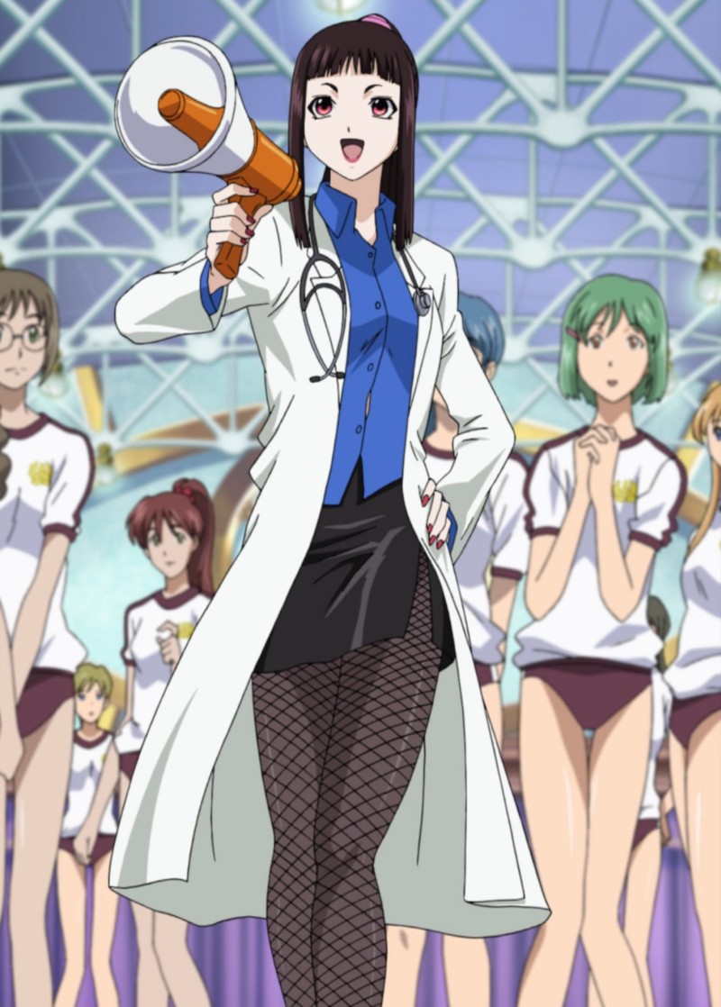 akagi_ritsuko, akagi_ritsuko_(cosplay), buruma, fishnet_pantyhose, fishnets, labcoat, megaphone, open_mouth, pantyhose, ponytail, red_eyes, rosario+vampire, skirt, stethoscope, toujou_ruby