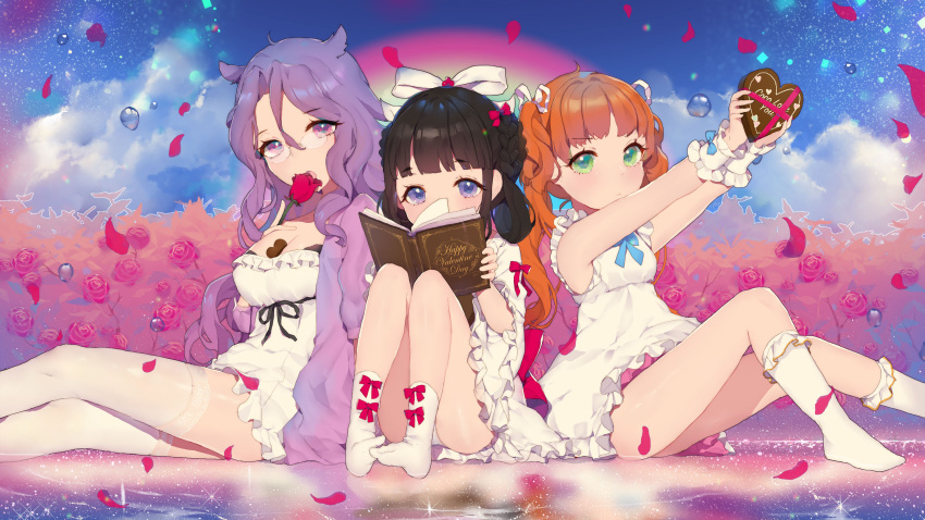 3girls, acidear, between_breasts, black_hair, blue_bow, blue_sky, book, bow