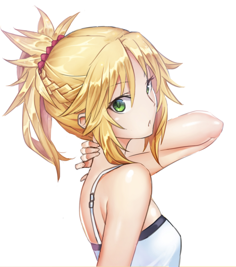 1girl, bangs, bare_arms, bare_shoulders, blonde_hair, camisole, fate/apocrypha, fate_(series)