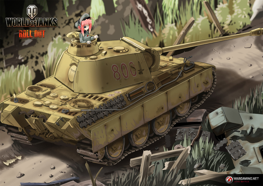 1girl, bauer, caterpillar_tracks, excel_(gewalt), grass, ground_vehicle, highres, military