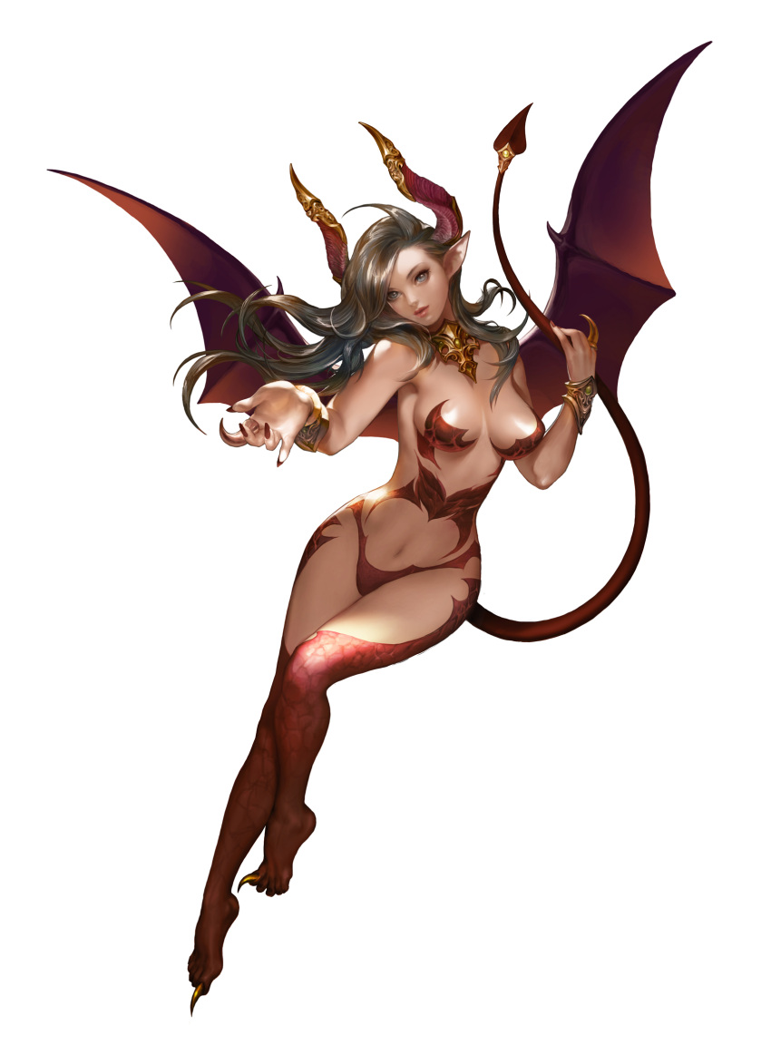 1girl, breasts, claws, demon_girl, demon_horns, demon_tail, demon_wings, eunyoung_jeon, floating_hair, full_body, highres, horns, large_breasts, long_hair, navel, official_art, pointy_ears, simple_background, solo, succubus, tail, white_background, wings, wonder_5_masters