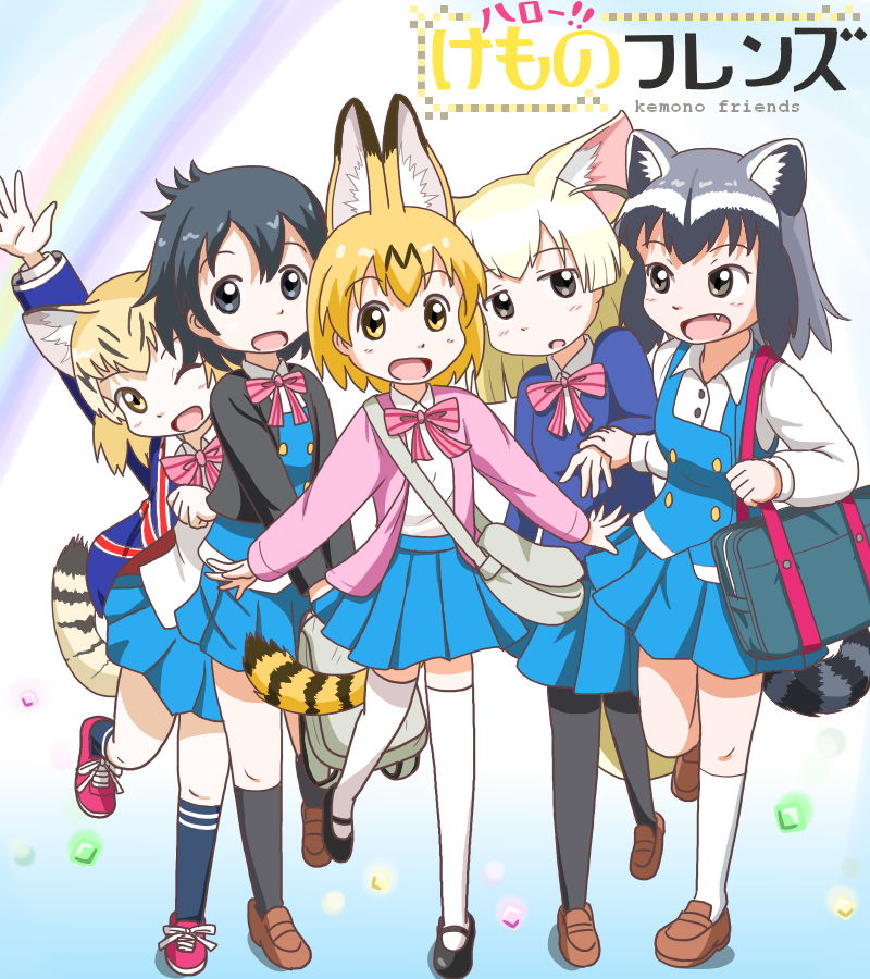 5girls, animal_ears, blonde_hair, blush, common_raccoon_(kemono_friends), fennec_(kemono_friends), hair_ornament, kaban_(kemono_friends)