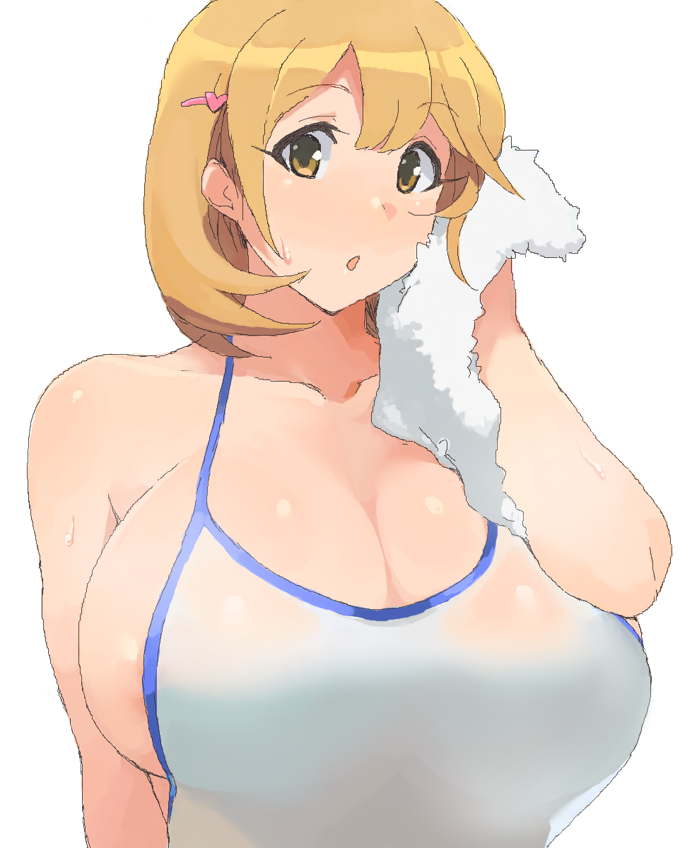 :o, bare_shoulders, breasts, brown_eyes, brown_hair, cleavage, collarbone, hair_ornament, hairclip, highres, huge_breasts, looking_at_viewer, minakami_(flyingman555), narusawa_ryouka, occultic;nine, parted_lips, short_hair, sideboob, simple_background, sweat, swimsuit, towel, white_background