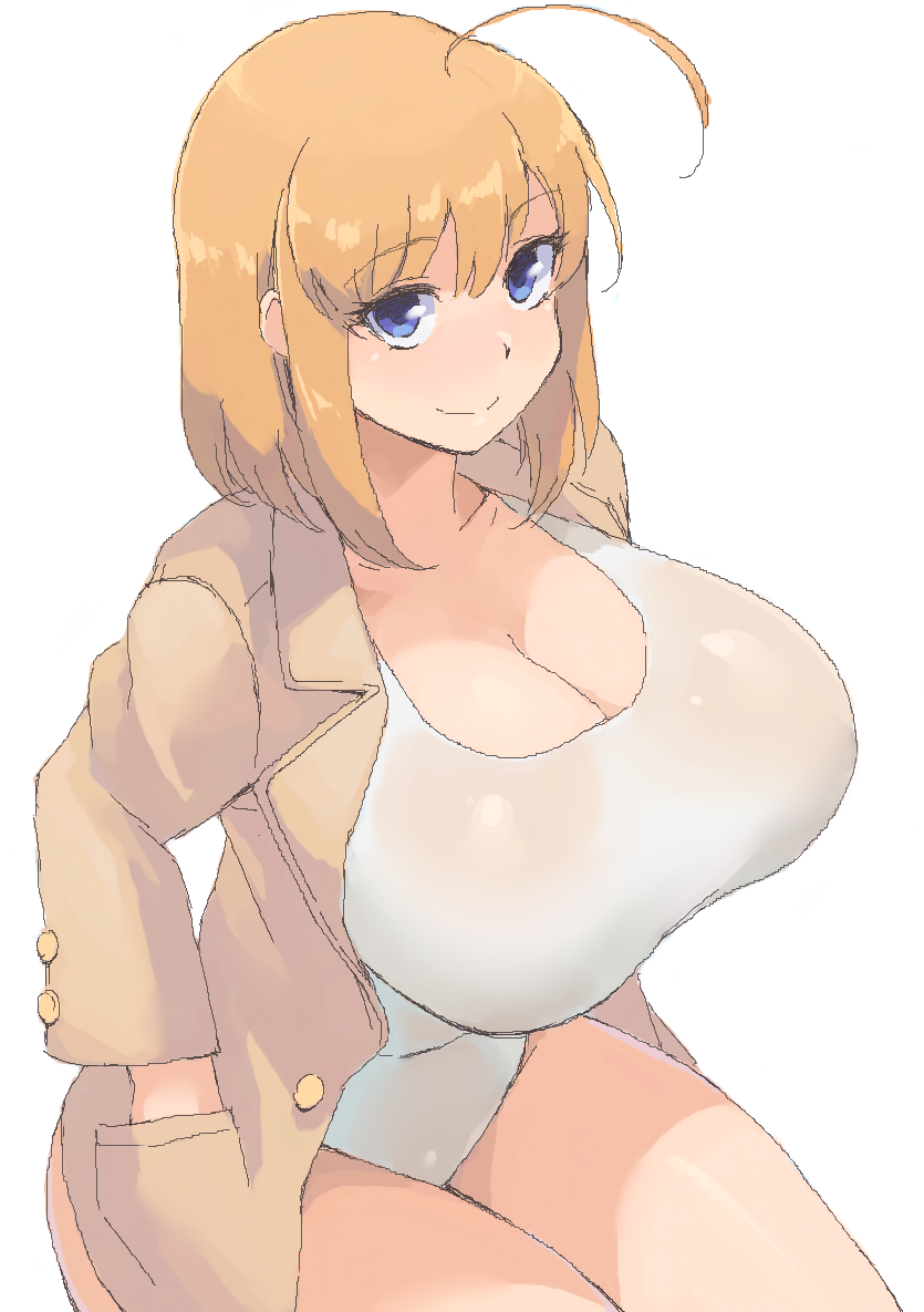 ahoge, blue_eyes, breasts, brown_hair, cleavage, huge_ahoge, huge_breasts, komusou_(jinrikisha), long_hair, looking_at_viewer, minakami_(flyingman555), ooba_minori, original, simple_background, smile, thighs, white_background