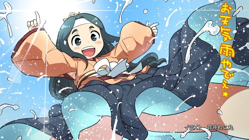 1girl, :d, artist_name, blue_eyes, blue_hair, blue_sky, blush, crown