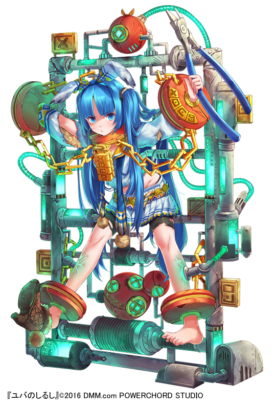 1girl, blue_eyes, blue_hair, bound, bound_ankles, bound_wrists, chains, character_request
