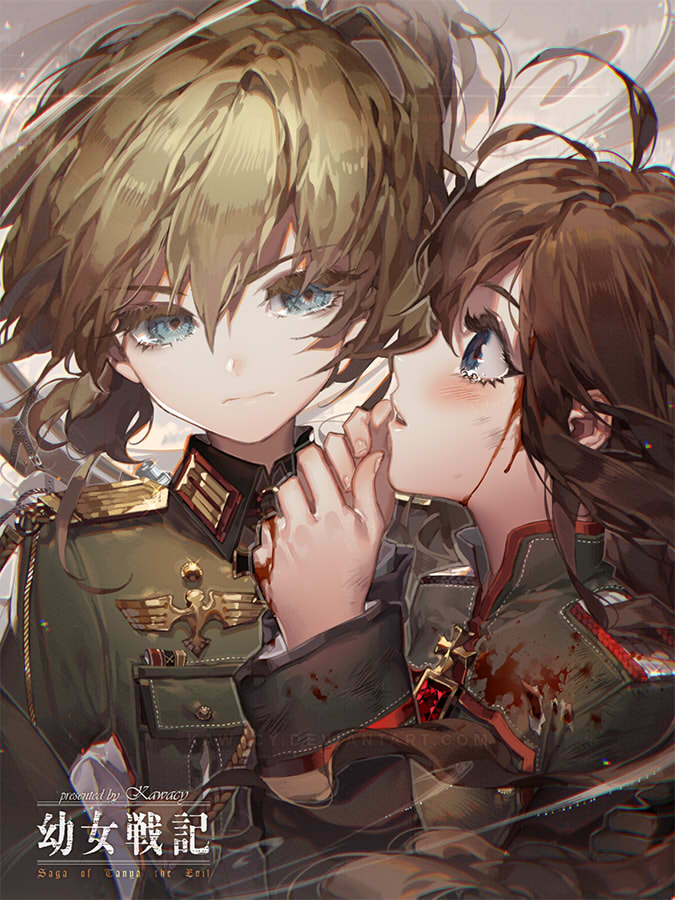 2girls, blood, bloody_clothes, blue_eyes, bruise, eyebrows_visible_through_hair, eyelashes, fourragere, injury, kawacy, long_hair, looking_at_another, military, military_uniform, multiple_girls, parted_lips, profile, short_hair, tanya_degurechaff, uniform, viktoriya_ivanovna_serebryakov, wind, youjo_senki