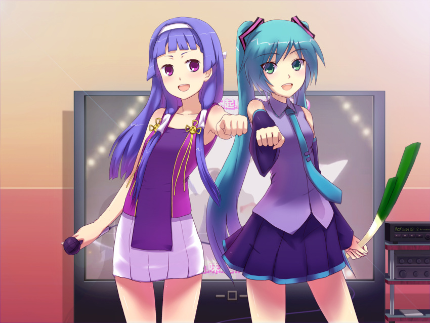 2girls, blue_hair, crossover, detached_sleeves, flat_chest, green_eyes, hair_ornament, hair_tubes