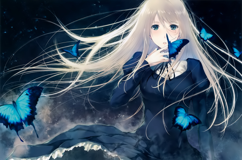 1girl, absurdres, blonde_hair, breasts, butterfly, dress, frilled_dress, frills, green_eyes, highres, juliet_sleeves, kara_no_shoujo, long_hair, long_sleeves, medium_breasts, mole, mole_under_eye, parted_lips, puffy_sleeves, ribbon, solo, stella_maris, sugina_miki, very_long_hair