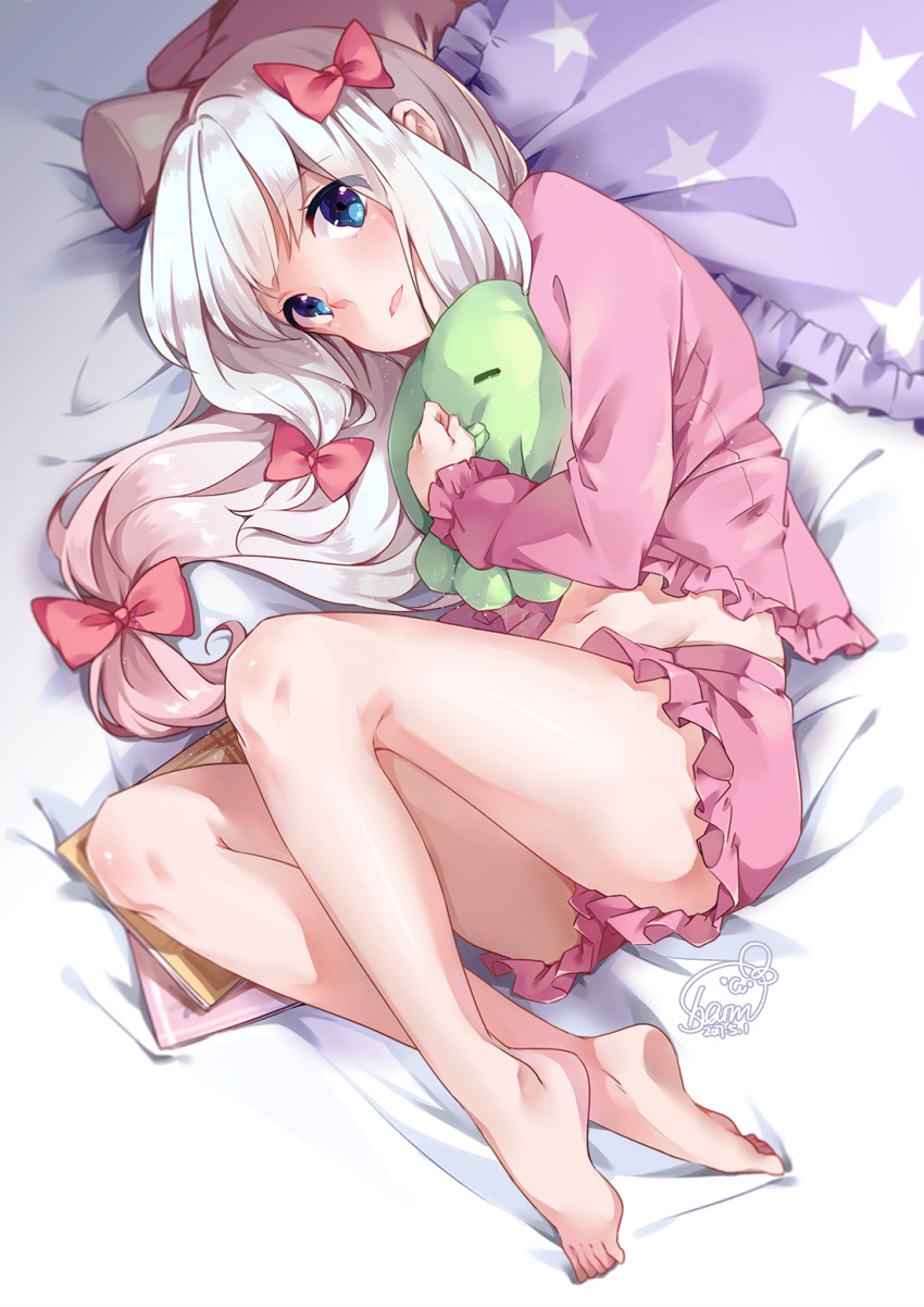 1girl, barefoot, blue_eyes, bow, dated, eromanga_sensei, feet, hair_bow, highres, izumi_sagiri, legs, long_hair, looking_at_viewer, lying, on_side, pajamas, pillow, pink_bow, sharmi1010, signature, solo, star, stuffed_animal, stuffed_octopus, stuffed_toy, white_hair