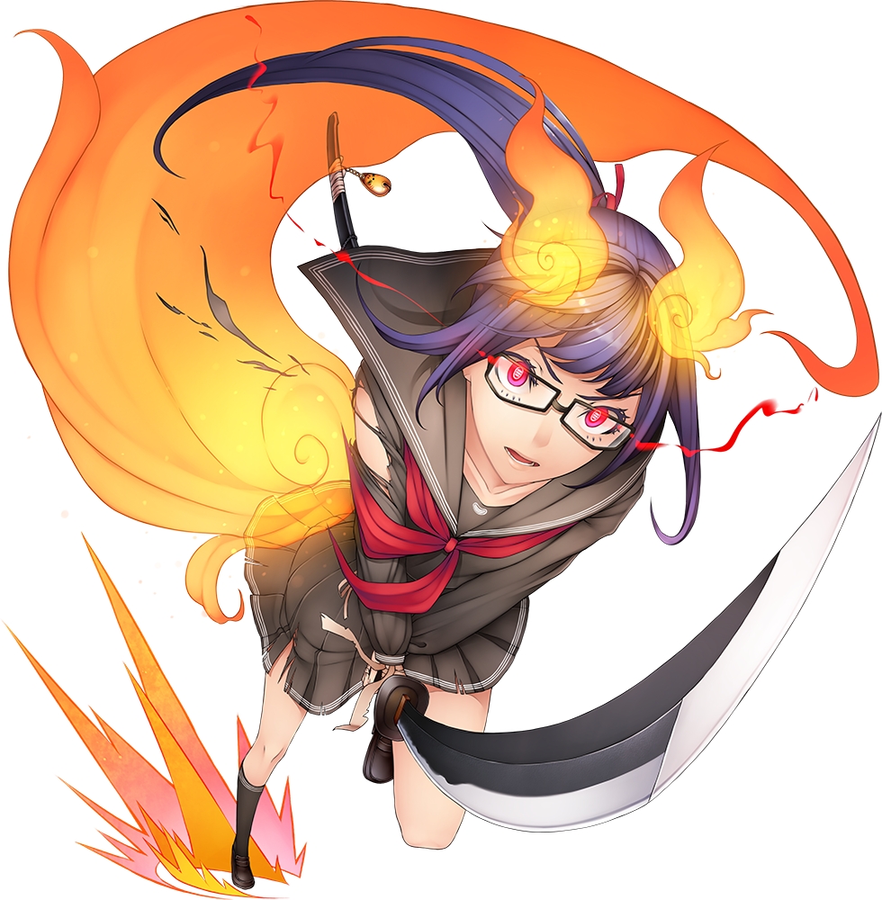1girl, animal_ears, black_legwear, blue_hair, charging_(attack), fire, floating_hair, foreshortening, full_body, glowing, glowing_eyes, katana, kitsunegasaki_kikka, loafers, long_hair, long_sleeves, neckerchief, official_art, plaid, plaid_skirt, pleated_skirt, ponytail, red_eyes, school_uniform, serafuku, sheath, shinken!!, shoes, skirt, sword, tail, torn_clothes, two-handed, v_arms, weapon, zenmaibook