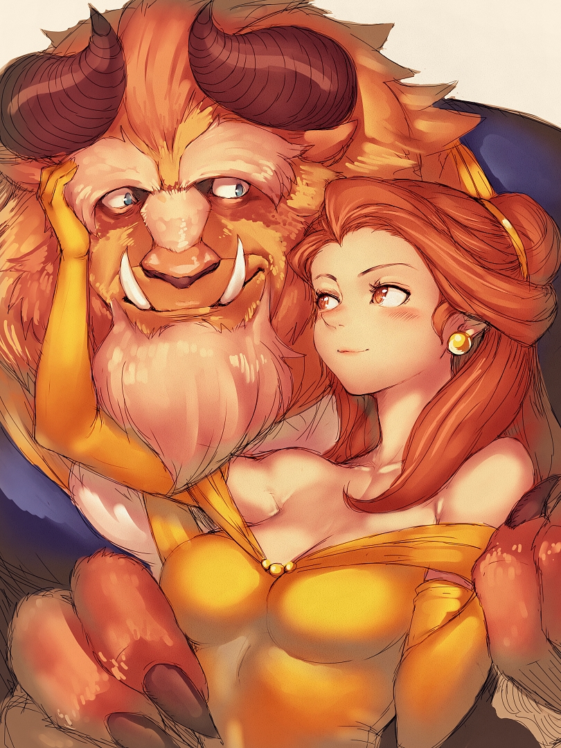 1boy, 1girl, bare_shoulders, beast_(disney), beauty_and_the_beast, beauty_and_the_beast_(disney), belle_(disney), blush, breasts, brown_eyes, brown_hair, couple, disney, dress, earrings, elbow_gloves, fangs, fumio_(rsqkr), gloves, horns, jewelry, light_smile, long_hair, medium_breasts, smile, yellow_dress
