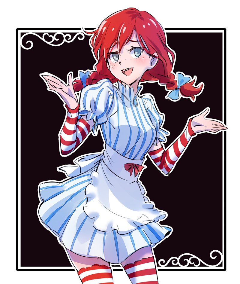 1girl, apron, black_background, blue_eyes, commentary, detached_sleeves, dress, freckles