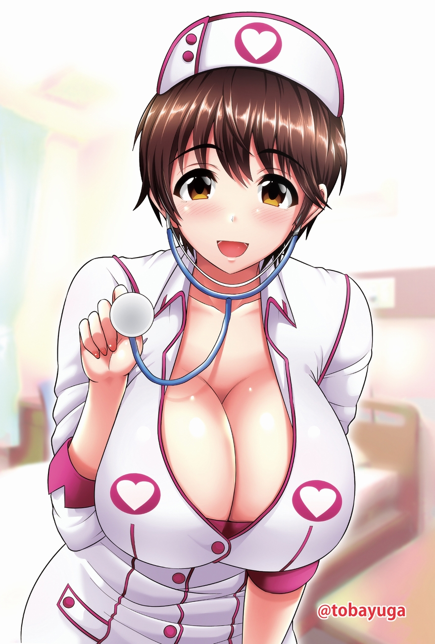 1girl, :d, bangs, blurry, blush, breasts, brown_eyes, brown_hair
