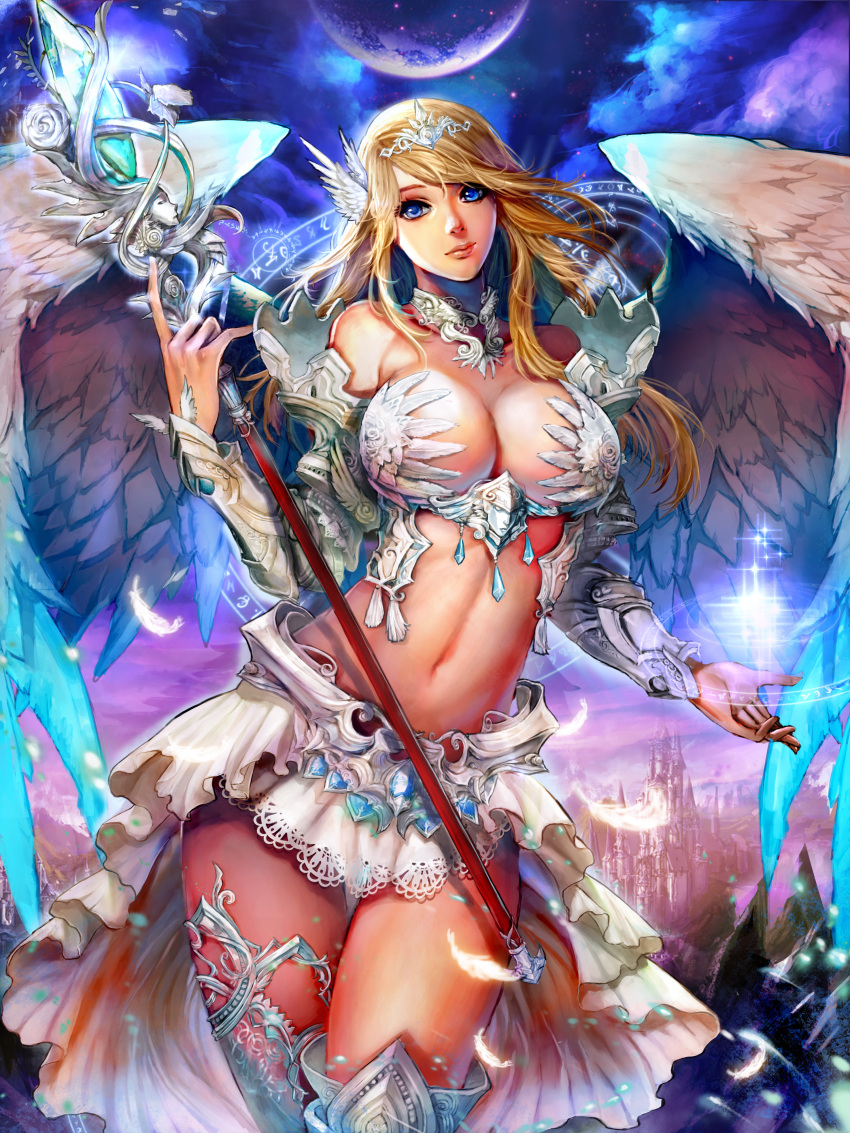 1girl, absurdres, angel, angel_wings, blonde_hair, blue_eyes, breasts, cleavage