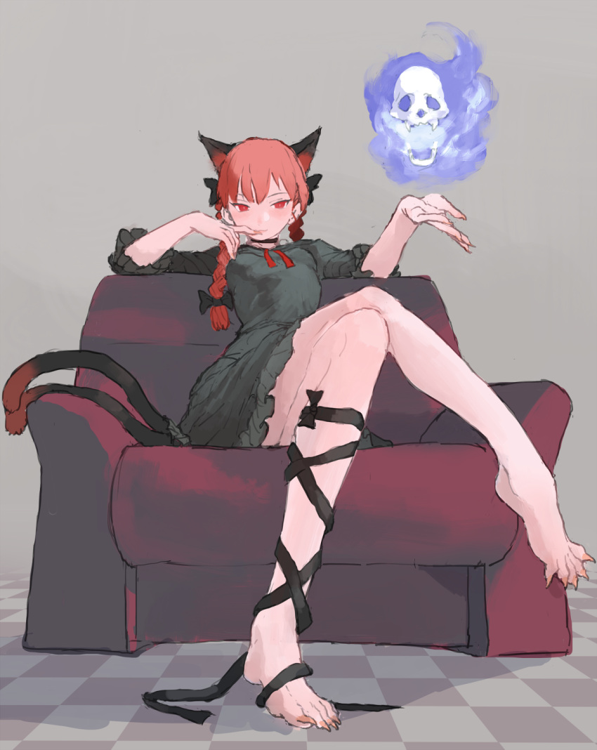 1girl, animal_ears, barefoot, black_choker, black_dress, black_ribbon, blue_fire, braid