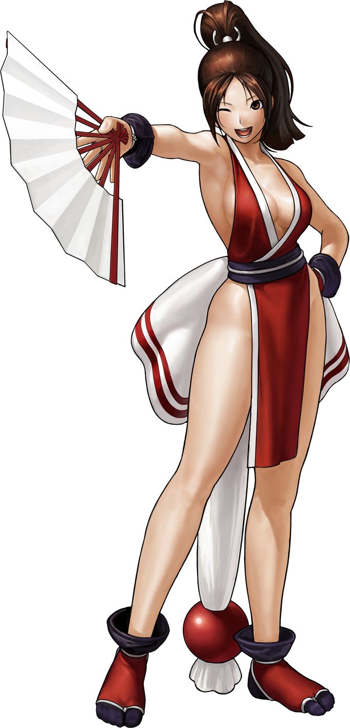 1girl, armpits, backless_outfit, bare_legs, bare_shoulders, bead, breasts, brown_eyes, brown_hair, center_opening, fan, fatal_fury, female, folding_fan, full_body, hand_on_hip, high_ponytail, highres, holding, holding_fan, japanese_clothes, large_breasts, legs, long_hair, ninja, no_shoes, official_art, ogura_eisuke, one_eye_closed, open_mouth, outstretched_arm, pelvic_curtain, ponytail, revealing_clothes, shiranui_mai, sideboob, simple_background, sleeveless, smile, solo, standing, tabi, the_king_of_fighters, the_king_of_fighters_xiii, tied_hair, white_background