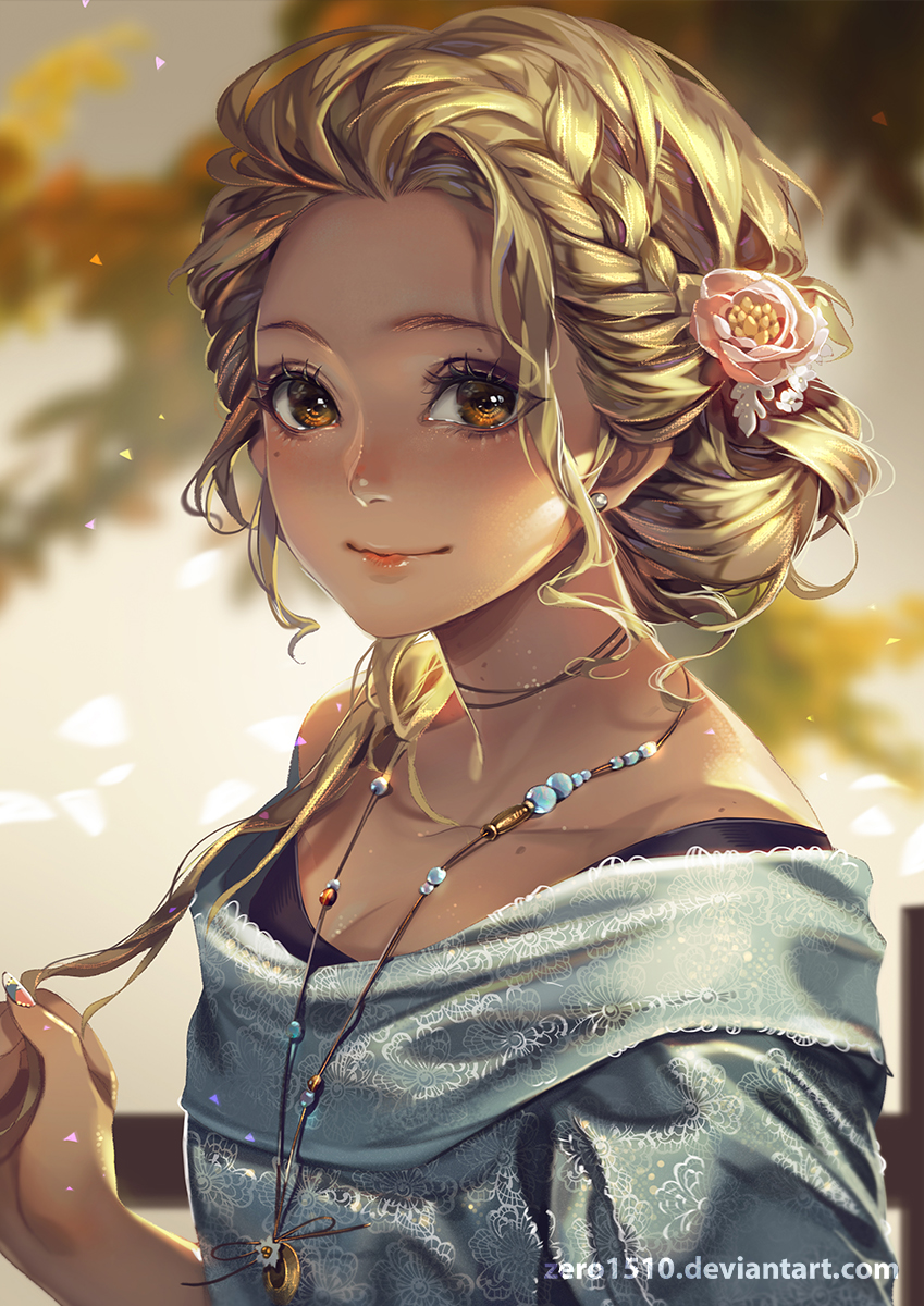 1girl, blonde_hair, blurry, blurry_background, braid, breasts, brown_eyes, casual