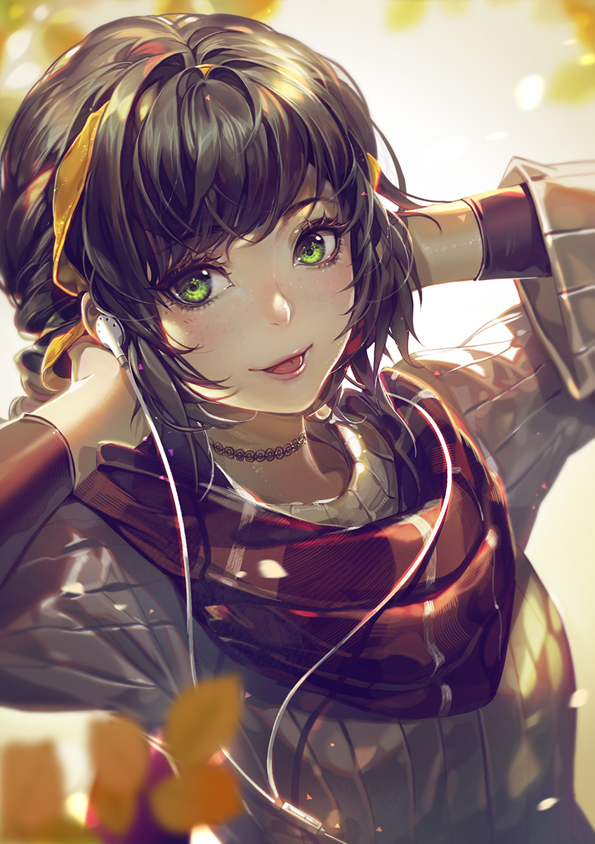 1girl, :p, bangs, black_hair, cable, choker, earphones, earphones