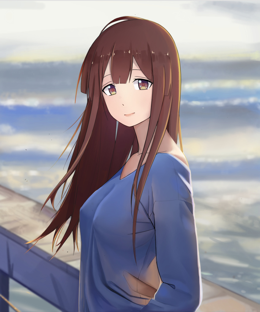 1girl, 556, absurdres, bangs, blue_shirt, breasts, brown_eyes, brown_hair