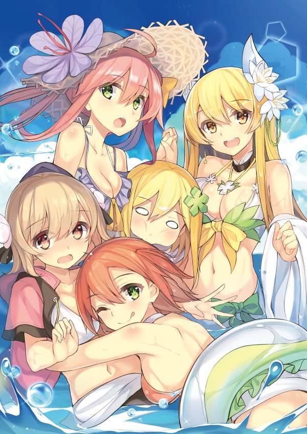5girls, :d, :o, ;q, aloe_(flower_knight_girl), alternate_hairstyle, apricot_(flower_knight_girl), bikini