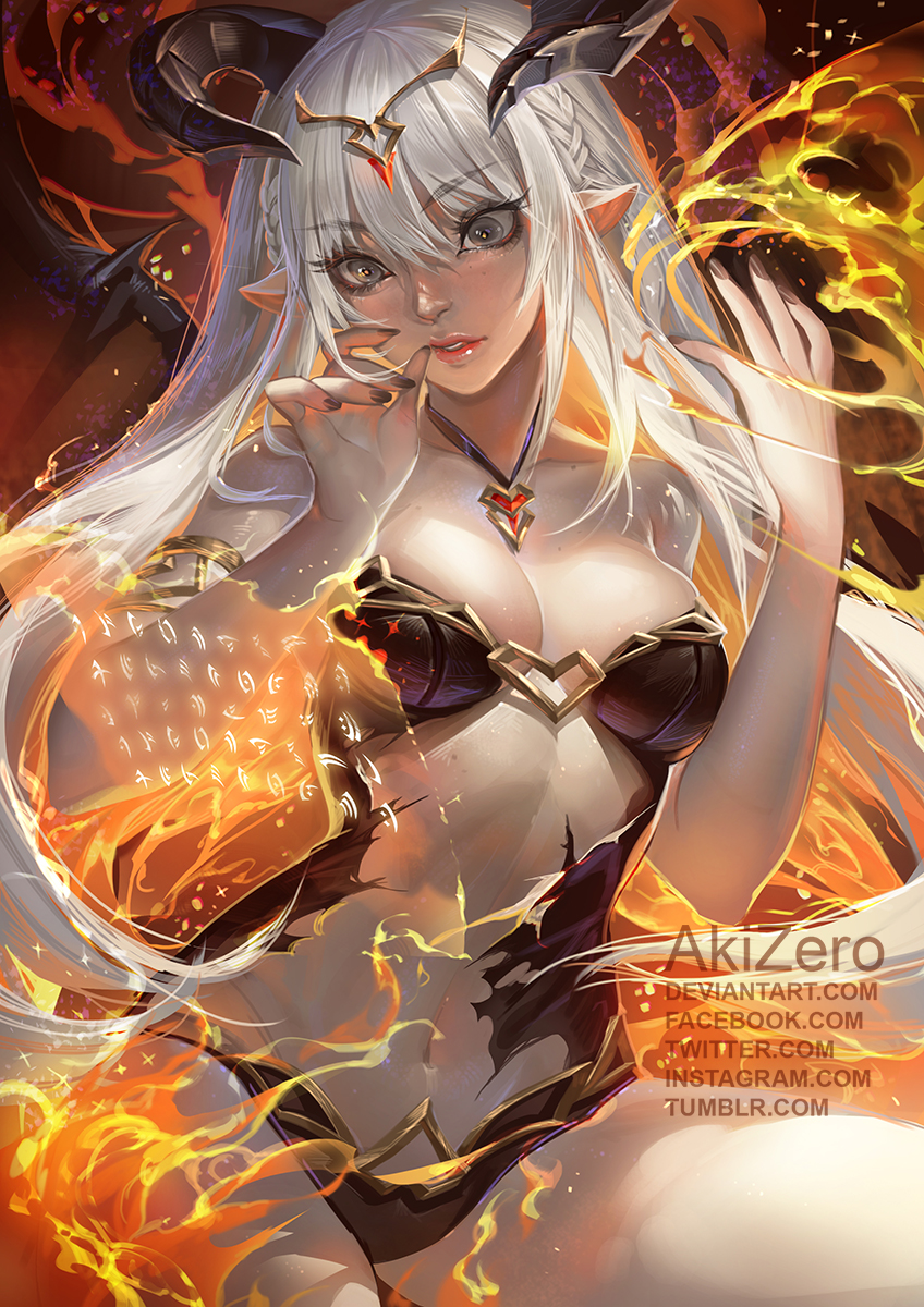 1girl, artist_name, bang, bare_shoulders, black_nails, breasts, cleavage, collarbone, cowboy_shot, demon_girl, demon_horns, demon_tail, demon_wings, deviantart_username, eyebrows_visible_through_hair, eyelashes, eyeliner, eyeshadow, facebook_username, finger_gun, fingernails, fire, grey_eyes, hair_between_eyes, hands_up, headpiece, highres, horns, instagram_username, jewelry, legs_apart, lipstick, long_hair, makeup, mascara, medium_breasts, midriff, nail_polish, navel, necklace, nose, original, parted_lips, pink_lipstick, pointy_ears, side_braids, silver_hair, solo, stomach, strapless, succubus, tail, tumblr_username, twitter_username, upper_teeth, wings, zero1510
