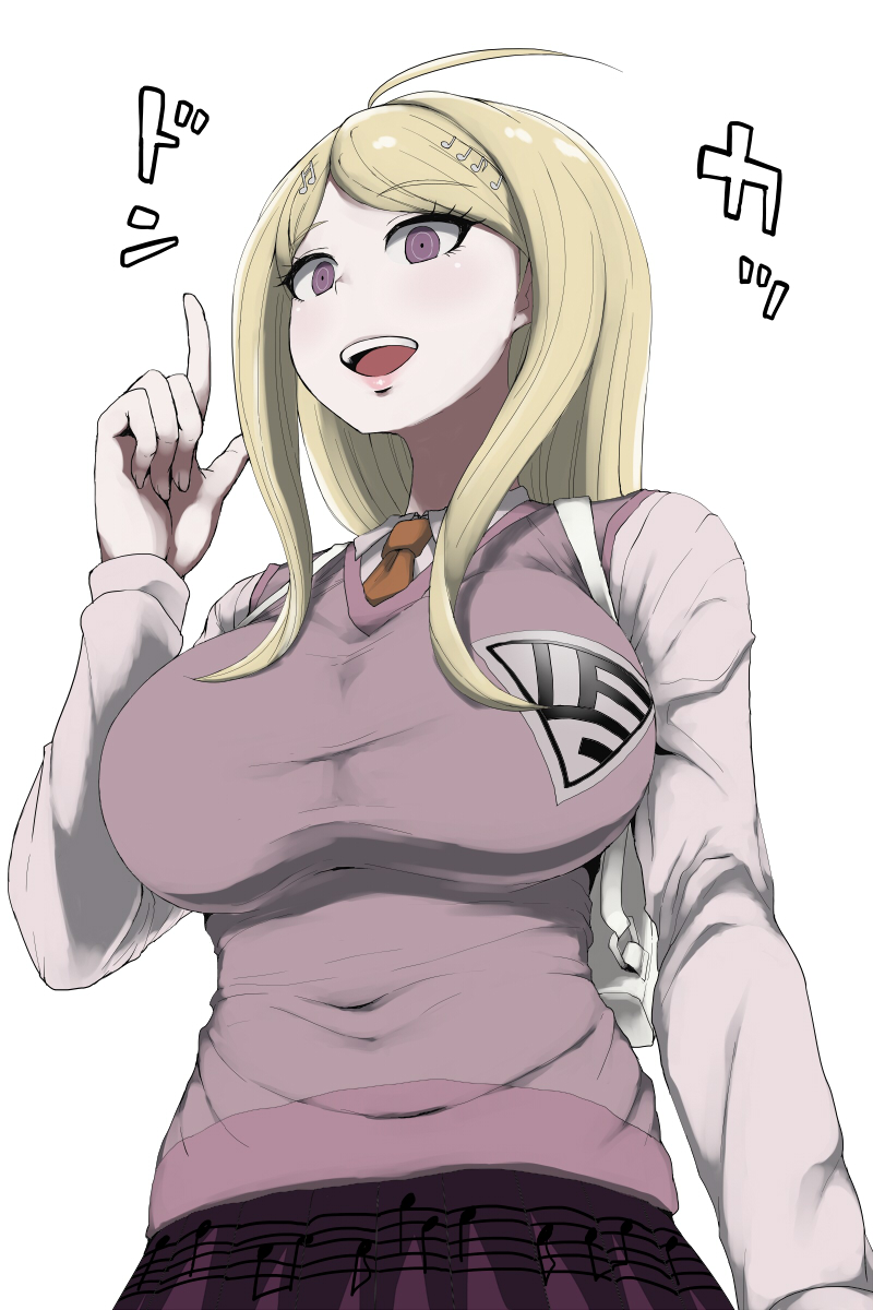 1girl, ahoge, akamatsu_kaede, beamed_quavers, blonde_hair, breasts, covered_navel, dangan_ronpa