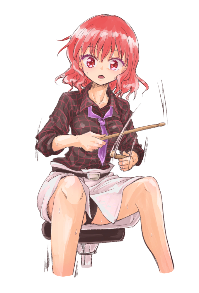 1girl, air_drumming, belt, black_panties, breasts, collared_shirt, drumming, drumsticks