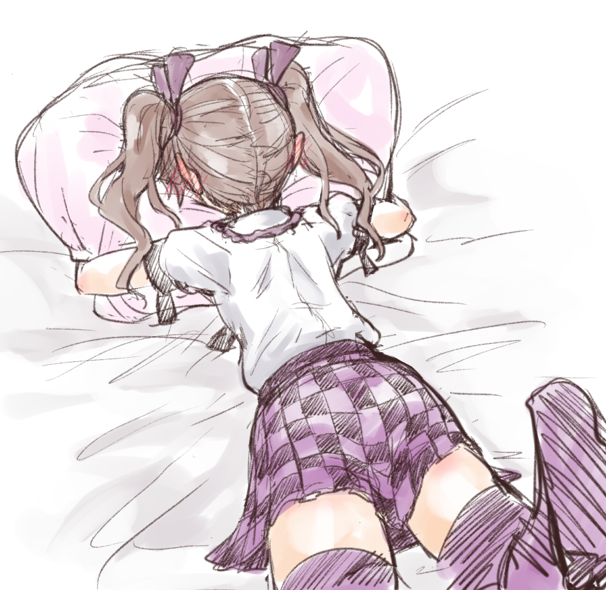 1girl, bed_sheet, blouse, blush, brown_hair, ear_blush, embarrassed, face_down, face_in_pillow, hair_ribbon, himekaidou_hatate, leg_up, lying, nibi, on_stomach, pillow, pillow_hug, plaid, plaid_skirt, purple_legwear, ribbon, short_hair, sketch, skirt, solo, thigh-highs, touhou, twintails, zettai_ryouiki
